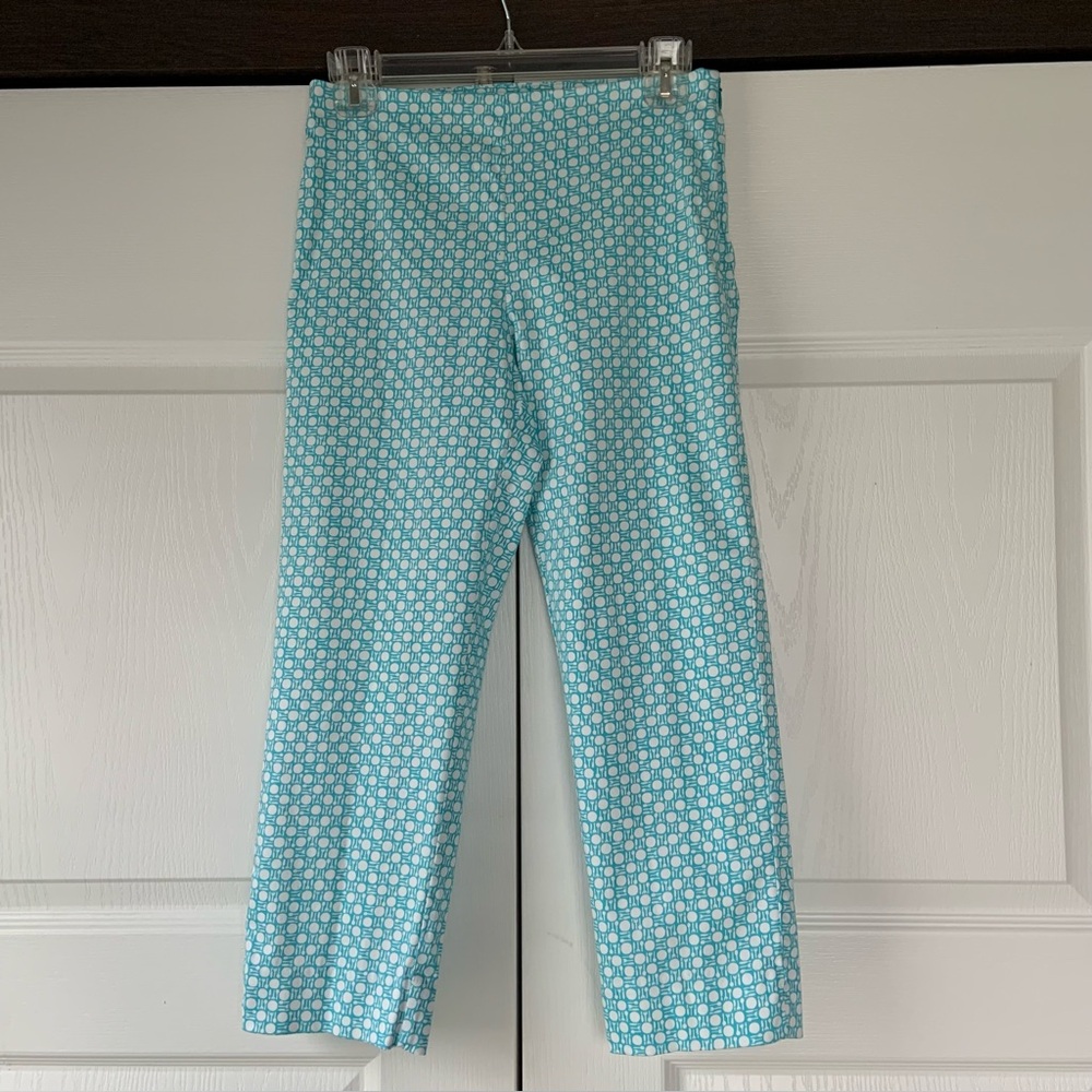 Talbots Heritage Pants Aqua/White w/Small Plates & Utensils in Pattern.  SZ 4P